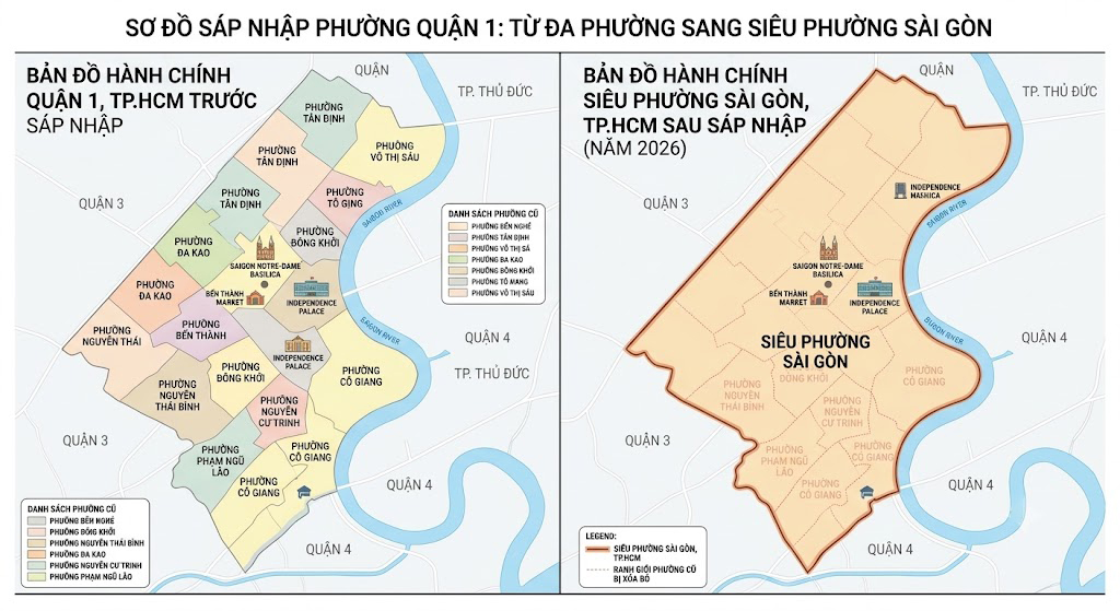 Bản đồ hành chính khu vực Quận 1 TP.HCM trước và sau sáp nhập thành siêu phường Sài Gòn năm 2026, thể hiện ranh giới các phường cũ bị xóa bỏ