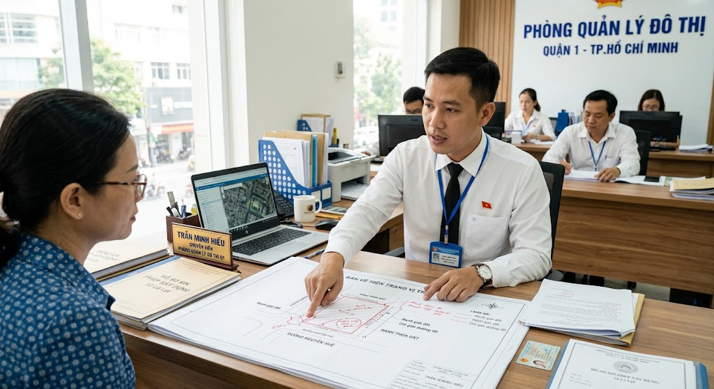 Cán bộ Phòng Quản lý Đô thị Quận 1 TP.HCM đang kiểm tra hồ sơ xin phép xây dựng, chỉ vào điểm sai lệch chỉ giới đường đỏ trên bản vẽ hiện trạng vị trí