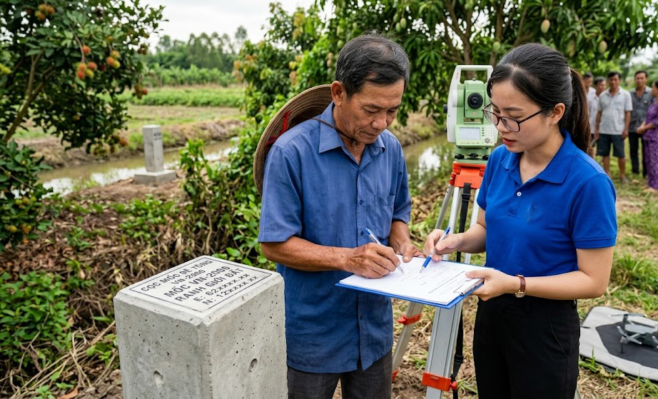 Kỹ sư trắc địa và chủ đất đứng bên cạnh cọc mốc bê tông vừa được bố trí theo tọa độ VN-2000 tại ranh giới đất vườn liền kề huyện Gò Dầu, Tây Ninh, đang ký xác nhận biên bản đo đạc