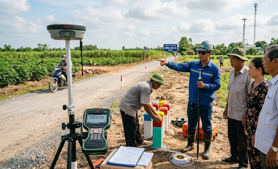 Kỹ sư trắc địa sử dụng máy định vị vệ tinh GNSS RTK 2 tần số kết nối trạm CORS đo đạc xác định ranh giới phần đất hiến mở đường liên xã tại huyện Bến Cầu, Tây Ninh