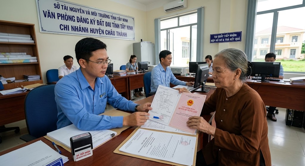 Chủ đất nộp hồ sơ điều chỉnh diện tích sổ đỏ sau khi hiến đất mở đường tại Chi nhánh Văn phòng Đăng ký đất đai huyện Châu Thành, Tây Ninh