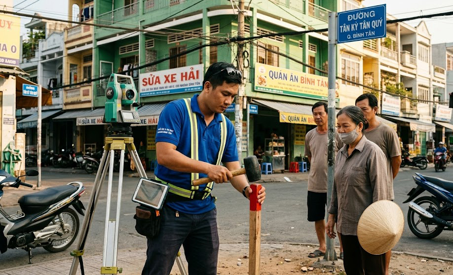 Kỹ sư trắc địa Đo Đạc TP Hồ Chí Minh đang cắm cọc mốc ranh giới tại khu dân cư đường Tân Kỳ Tân Quý, quận Bình Tân, TP.HCM, trong khi người dân đứng xem và hỏi thăm về kết quả đo đạc