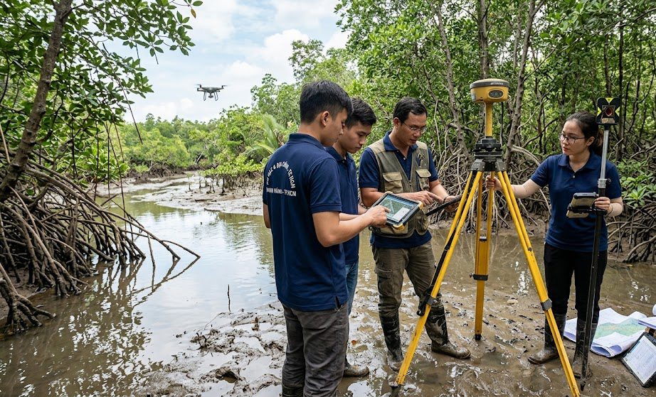 Nhóm kỹ sư trắc địa vận hành máy GNSS RTK Topcon Hiper HR đo đạc địa hình vùng đất ngập nước rừng ngập mặn Cần Giờ, TP.HCM, thủy triều lên một phần mặt đất