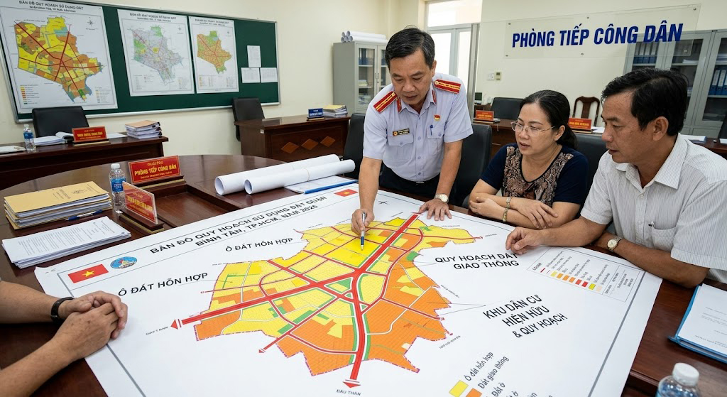 Bản đồ quy hoạch sử dụng đất quận Bình Tân TP.HCM năm 2026 được in màu, thể hiện các ô đất hỗn hợp màu vàng xen kẽ đất giao thông màu đỏ và đất ở màu cam, chụp tại phòng tiếp công dân UBND quận Bình Tân