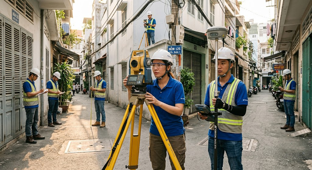Đội kỹ sư đo đạc của Đo Đạc TP Hồ Chí Minh đang thực hiện đo đạc toàn bộ thửa đất tại một con hẻm khu vực Quận 1 TP.HCM bằng máy toàn đạc điện tử Topcon kết hợp máy GNSS RTK