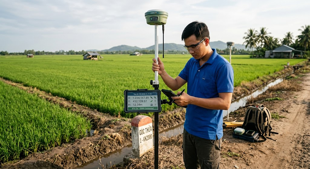 Kỹ sư đo đạc vận hành máy thu GNSS RTK 2 tần số kết nối trạm CORS, xác định tọa độ điểm góc thửa đất nông nghiệp tại huyện Gò Dầu, tỉnh Tây Ninh theo hệ VN-2000