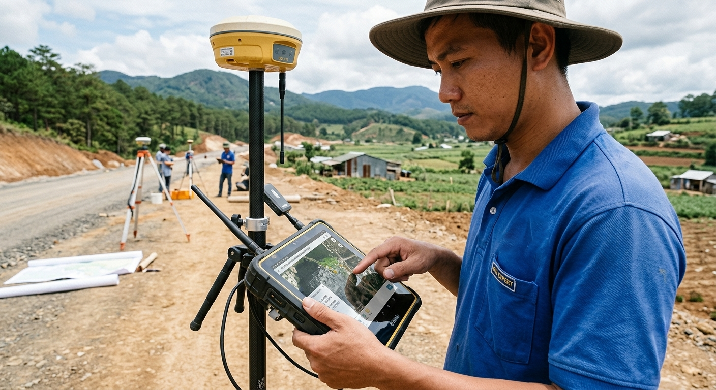 Kỹ sư trắc địa của Đo Đạc Đồng Nai đang cắm mốc ranh giới tại lô đất ven sông thuộc xã Đại Phước huyện Nhơn Trạch, phía xa là cầu bắc qua nhánh sông Đồng Nai