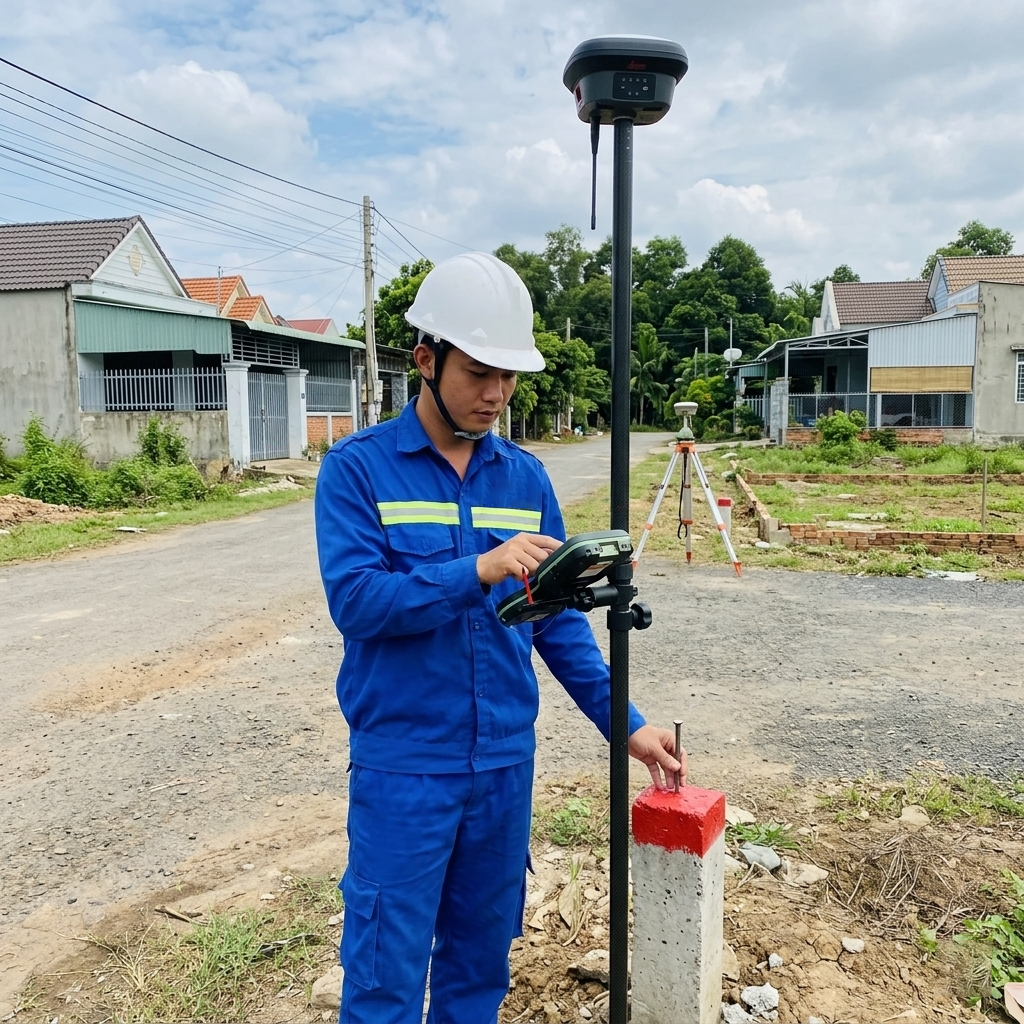 Kỹ sư trắc địa của Đo Đạc Đồng Nai đang thao tác máy GNSS RTK Leica GS18 cắm mốc ranh giới thửa đất tại khu dân cư xã Long An, huyện Long Thành, Đồng Nai