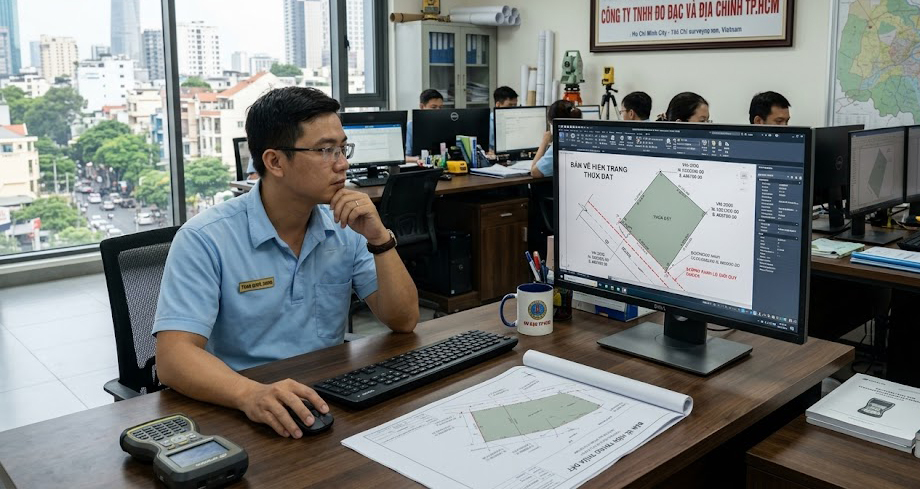 Màn hình laptop hiển thị phần mềm xử lý số liệu trắc địa AutoCAD Civil 3D thể hiện bản vẽ hiện trạng thửa đất có đánh tọa độ VN-2000 và đường ranh lộ giới quy hoạch màu đỏ đứt nét tại văn phòng kỹ thuật công ty đo đạc TP.HCM