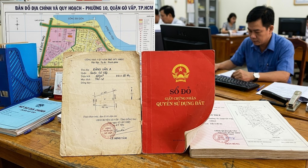 Hình chụp cận cảnh hai tờ sổ đỏ cấp khác thời kỳ — một tờ cấp năm 1993 kiểu giấy trắng mỏng và một tờ cấp năm 2003 bìa đỏ — đặt cạnh nhau trên bàn làm việc của cán bộ địa chính tại văn phòng UBND phường ở TP.HCM, có bản đồ địa chính nền phía sau