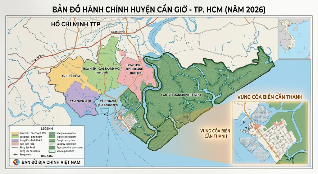 Bản đồ hành chính huyện Cần Giờ TP.HCM năm 2026 thể hiện các đơn vị xã mới sau sáp nhập, nổi bật ranh giới rừng ngập mặn và vùng bờ biển Cần Thạnh