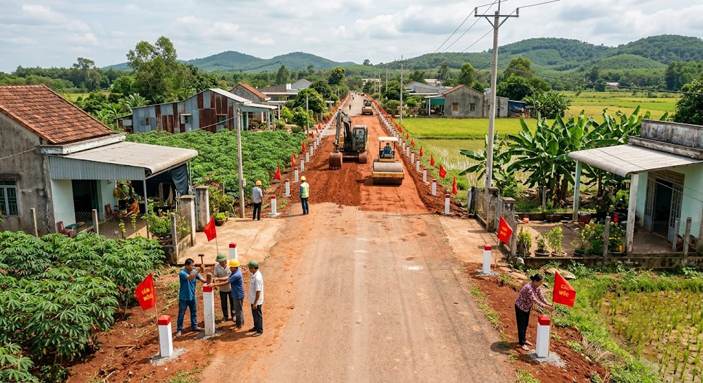 Tuyến đường liên xã nông thôn mới đang được mở rộng tại huyện Châu Thành, Tây Ninh – nhà dân hai bên đường đang cắm mốc ranh giới đất nông nghiệp tiếp giáp lộ giới mới