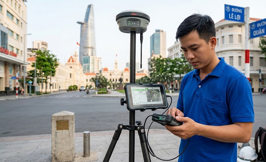 Kỹ sư trắc địa của Đo Đạc TP Hồ Chí Minh sử dụng máy định vị vệ tinh GNSS RTK Leica GS18 đo đạc ranh thửa đất tại khu vực Quận 1 TP.HCM, kết nối trạm CORS