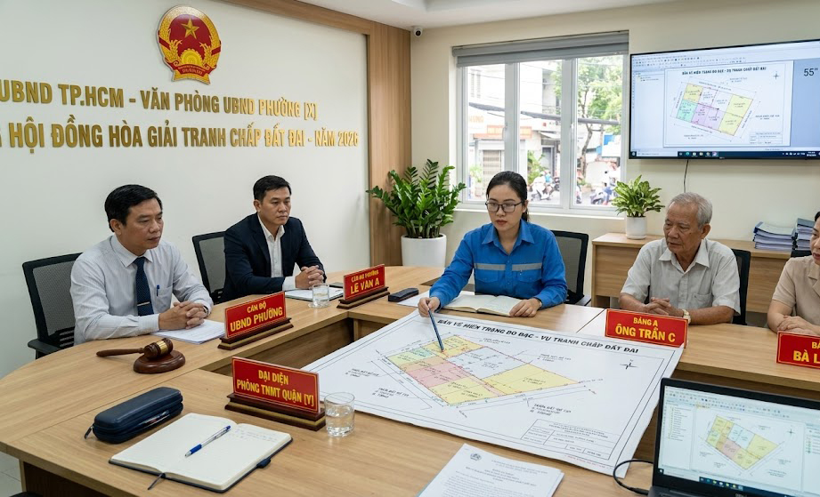 Cuộc họp giải quyết tranh chấp đất đai tại phòng làm việc UBND phường ở TP.HCM năm 2026, có kỹ sư trắc địa ngồi trình bày bản vẽ hiện trạng đo đạc trước hội đồng hòa giải gồm cán bộ UBND phường, hai bên tranh chấp và đại diện Phòng Tài nguyên Môi trường quận