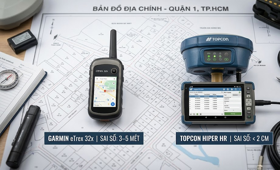 So sánh hai thiết bị: một máy GPS tay cầm tiêu dùng thông thường (sai số 3–5 mét) đặt cạnh máy thu GNSS RTK hai tần số Topcon Hiper HR chuyên dụng dùng trong đo đạc địa chính (sai số dưới 2cm), trên nền bàn kỹ thuật có bản đồ địa chính TP.HCM trải rộng