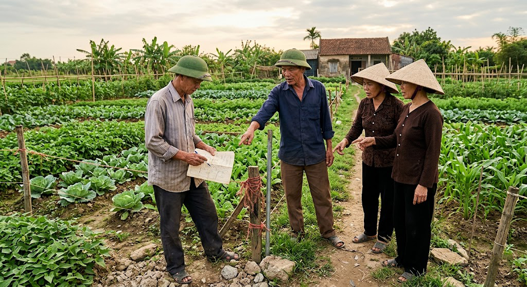 Tranh chấp ranh giới đất giữa hai hộ dân tại một khu vườn cây ăn trái ở huyện Trảng Bom Đồng Nai, với cọc mốc cũ bằng tre bị mục nát và không còn đúng vị trí so với bản đồ địa chính số