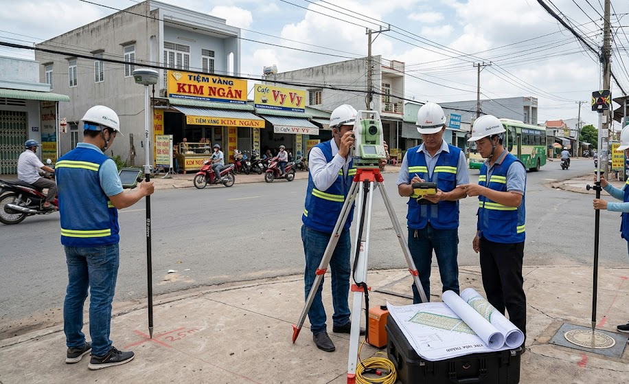 Đội ngũ kỹ sư trắc địa Đo Đạc Tây Ninh tại hiện trường đo vẽ địa chính khu dân cư thị xã Hòa Thành, sử dụng máy GPS RTK GNSS 2 tần số kết nối trạm CORS và máy toàn đạc điện tử Leica