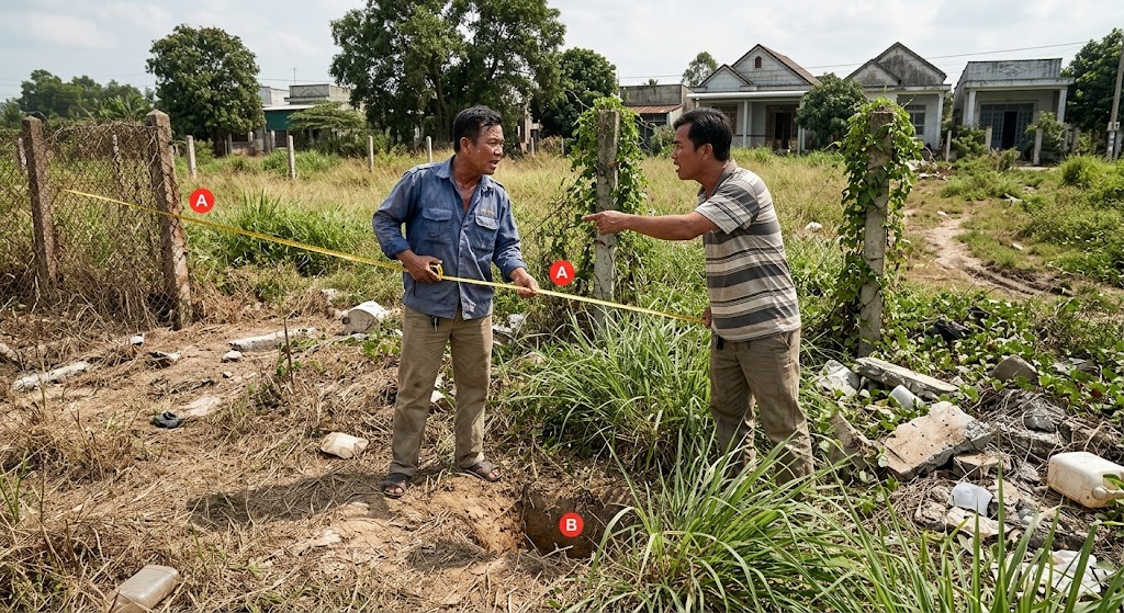 Hai chủ đất đang tranh cãi về ranh giới tại khu đất nền phân lô bỏ hoang tại huyện Dương Minh Châu Tây Ninh, một người cầm thước dây căng từ hàng rào cũ, cọc mốc gốc đã biến mất hoàn toàn dưới lớp cỏ dại