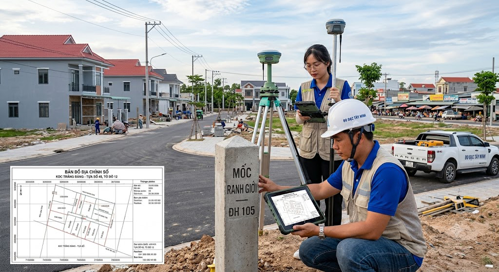 Kỹ sư trắc địa Đo Đạc Tây Ninh kiểm tra vị trí mốc ranh giới thực địa tại khu dân cư đang phát triển ven thị xã Trảng Bàng, so sánh tọa độ GPS RTK với bản đồ địa chính số