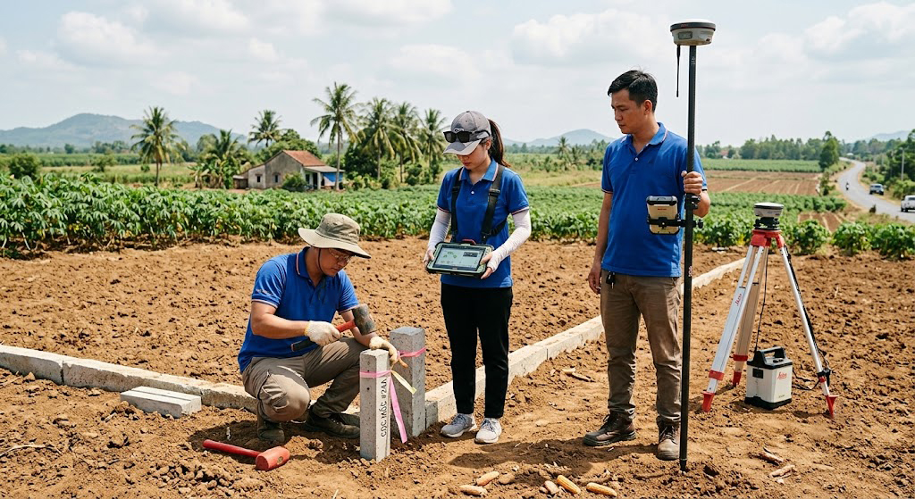 Đội kỹ sư trắc địa của Đo Đạc Tây Ninh gồm 3 người đang làm việc tại thực địa khu đất nông nghiệp huyện Dương Minh Châu, một người cầm máy GNSS RTK Leica, một người cầm bộ điều khiển tablet, một người đang đóng cọc mốc bê tông tại vị trí góc thửa đất vừa được định vị