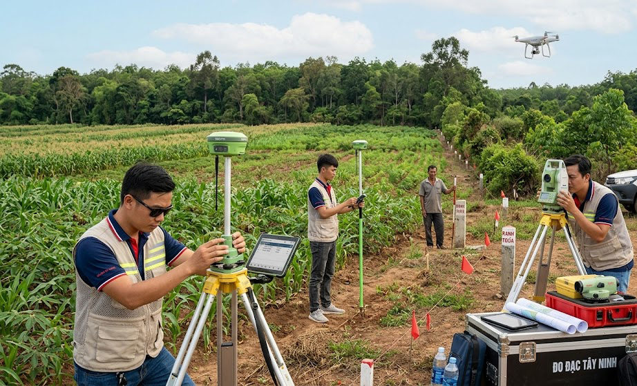 Đội kỹ sư trắc địa Đo Đạc Tây Ninh triển khai thiết bị GNSS RTK và máy toàn đạc điện tử đo đạc phân định ranh giới thửa đất rẫy quy mô lớn tại vùng giáp rừng huyện Tân Biên