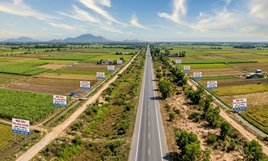 Ảnh chụp từ trên cao (drone/UAV) tuyến đường tỉnh ĐT 784 đoạn qua huyện Bến Cầu Tây Ninh, thể hiện rõ hai bên đường các thửa đất nông nghiệp mặt tiền và phần hành lang đất trống chưa xây dựng