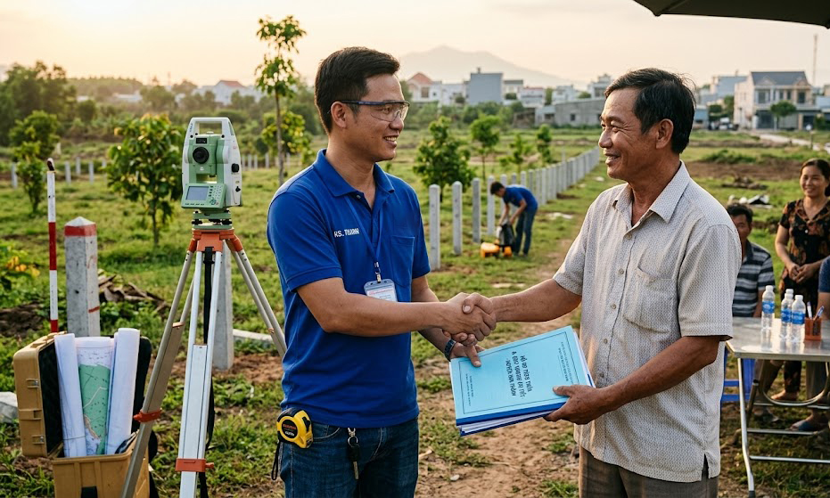 Kỹ sư trắc địa và chủ đất bắt tay sau khi hoàn thành đo đạc và bàn giao hồ sơ tách thửa thành công tại huyện Hòa Thành, Tây Ninh – thể hiện sự tin tưởng và hài lòng của khách hàng