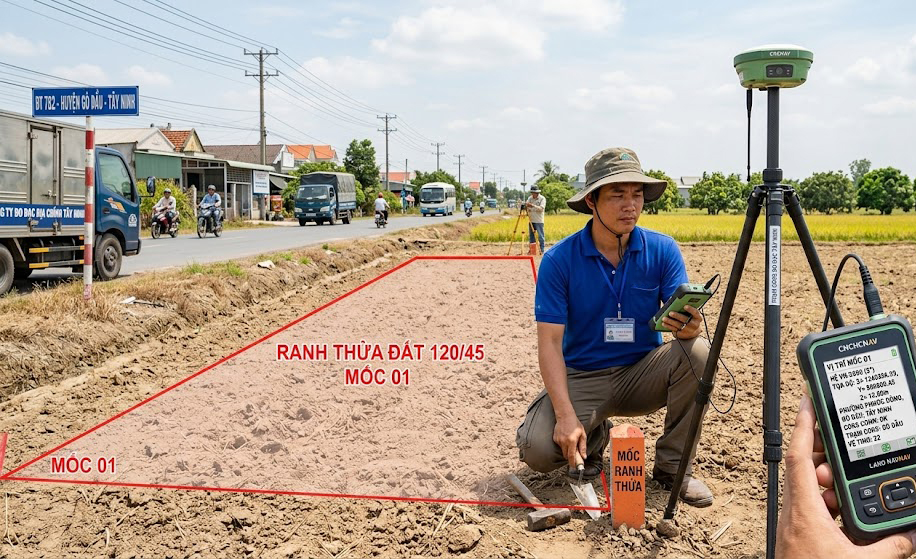 Kỹ sư Đo Đạc Tây Ninh sử dụng máy thu GNSS RTK 2 tần số kết nối trạm CORS đứng cắm mốc đo ranh giới thửa đất nông nghiệp mặt tiền đường ĐT 782 tại huyện Gò Dầu Tây Ninh, màn hình thiết bị hiển thị tọa độ hệ VN-2000
