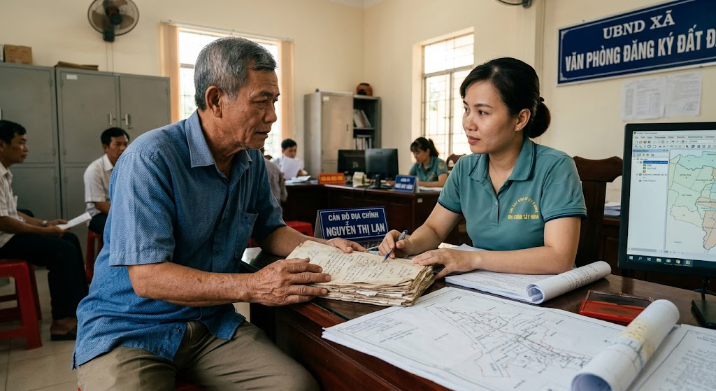 Chủ đất cầm xấp giấy tờ mua bán đất viết tay cũ, nhòa mực, đang nhờ cán bộ địa chính xã tại Tây Ninh tư vấn thủ tục cấp sổ đỏ lần đầu