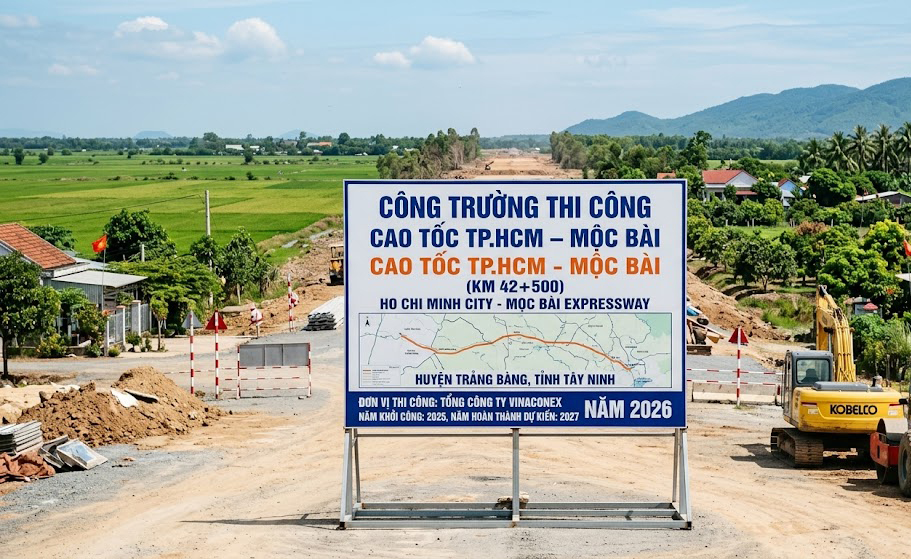 Biển báo công trường thi công cao tốc TP.HCM – Mộc Bài đoạn qua huyện Trảng Bàng tỉnh Tây Ninh năm 2026, phía xa là ruộng lúa và đất vườn của người dân đang trong vùng hành lang thu hồi