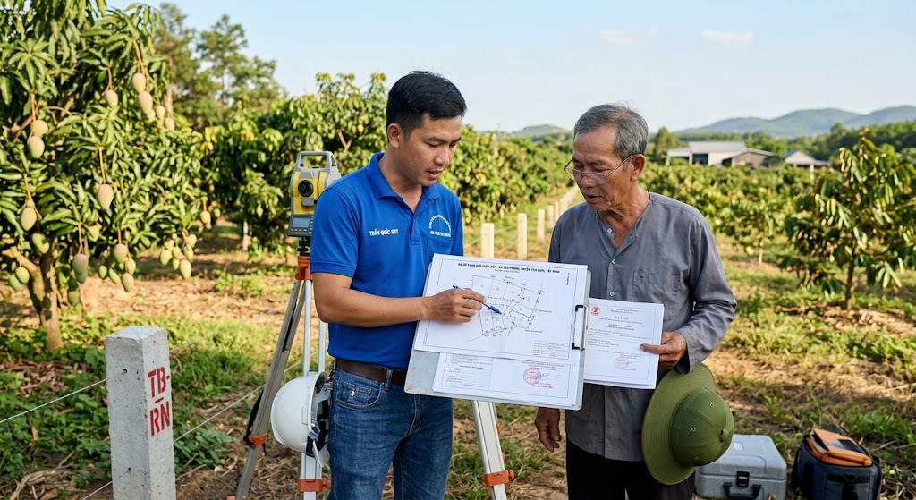 Kỹ sư địa chính giải thích kết quả đo đạc và sơ đồ ranh giới thửa đất cho chủ rẫy tại thực địa huyện Tân Biên, Tây Ninh – buổi bàn giao hồ sơ đo đạc tại hiện trường