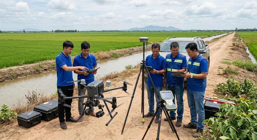 Đội ngũ kỹ sư trắc địa của Đo Đạc Tây Ninh tập hợp tại thực địa tại một dự án khảo sát vùng canh tác nông nghiệp lớn tại huyện Tân Biên, Tây Ninh, bên cạnh thiết bị UAV RTK và máy GNSS Leica GS18 đang hoạt động