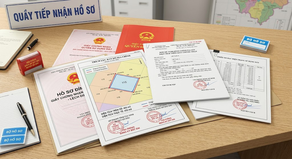 Bộ hồ sơ đính chính sổ đỏ lệch diện tích đầy đủ gồm trích lục bản đồ địa chính, phiếu đo đạc và đơn đề nghị đính chính chuẩn bị nộp tại Văn phòng Đăng ký đất đai huyện Gò Dầu tỉnh Tây Ninh