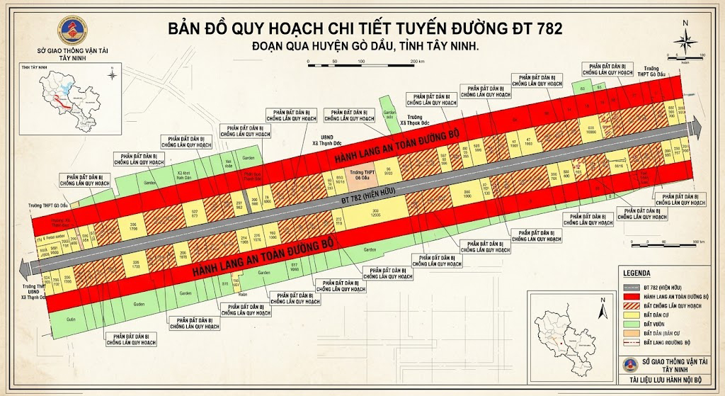 Bản đồ quy hoạch tuyến đường tỉnh ĐT 782 đoạn qua huyện Gò Dầu Tây Ninh với phần hành lang an toàn đường bộ được đánh dấu màu đỏ hai bên lề đường, thể hiện rõ phần đất dân bị chồng lấn quy hoạch