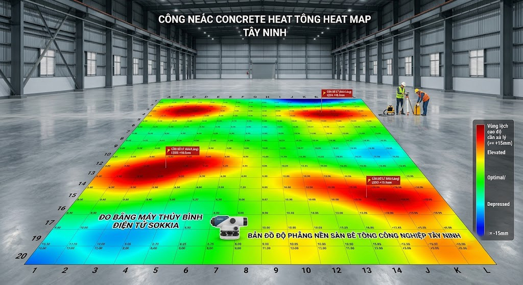 Bản đồ heat map màu sắc thể hiện độ phẳng nền sàn bê tông công nghiệp nhà xưởng được đo bằng máy thủy bình điện tử, vùng màu đỏ là khu vực lệch cao độ cần xử lý tại công trình Tây Ninh