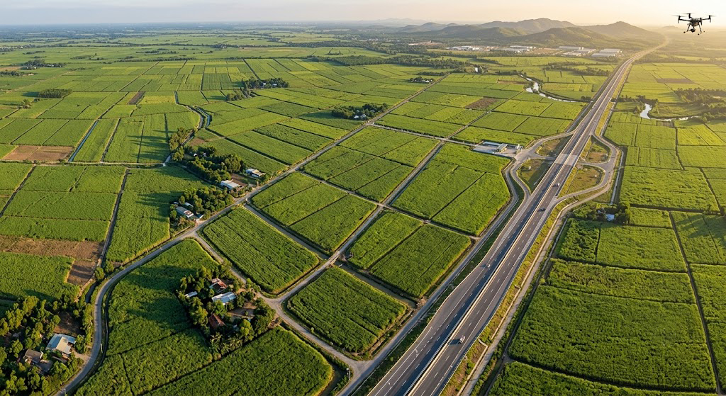 Toàn cảnh cánh đồng mía bạt ngàn tại huyện Bến Cầu, Tây Ninh nhìn từ trên cao bằng flycam UAV, thể hiện rõ các thửa đất phân lô nông nghiệp quy mô lớn tiếp giáp hành lang tuyến cao tốc TP.HCM - Mộc Bài