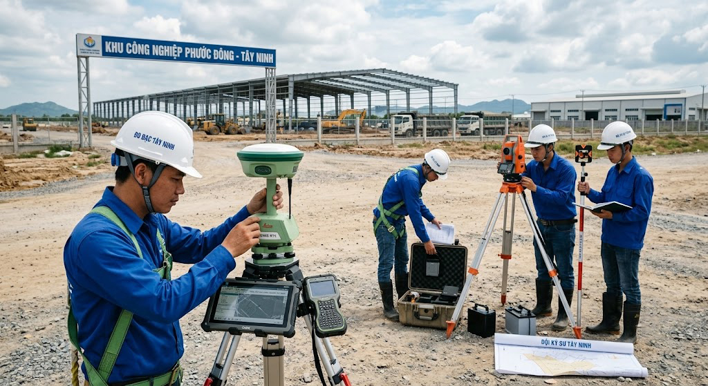 Đội kỹ sư trắc địa Đo Đạc Tây Ninh với đầy đủ trang thiết bị máy GNSS RTK và máy toàn đạc điện tử chuẩn bị khảo sát địa hình tại công trình khu công nghiệp tỉnh Tây Ninh