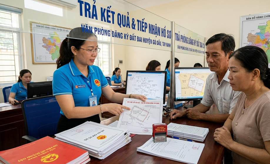 Cán bộ Văn phòng Đăng ký đất đai huyện Gò Dầu đang xem xét và trả lại bộ hồ sơ cấp sổ đỏ bị lỗi bản đồ không đúng hệ tọa độ VN-2000 cho chủ đất