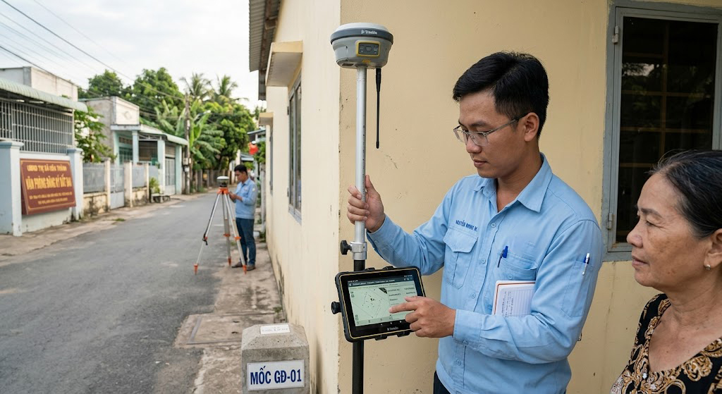 Kỹ sư trắc địa đo đạc địa chính Tây Ninh đang định vị máy GPS RTK Trimble R10 tại góc nhà cấp 4 để xác định tọa độ vị trí công trình theo hệ VN-2000 phục vụ lập hồ sơ hoàn công kiến trúc tại thị xã Hòa Thành