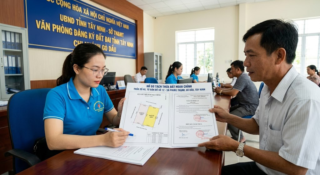 Hồ sơ tách thửa đất hoàn chỉnh gồm bản đồ trích đo địa chính và giấy tờ pháp lý đang được xử lý tại Văn phòng Đăng ký đất đai huyện Gò Dầu tỉnh Tây Ninh